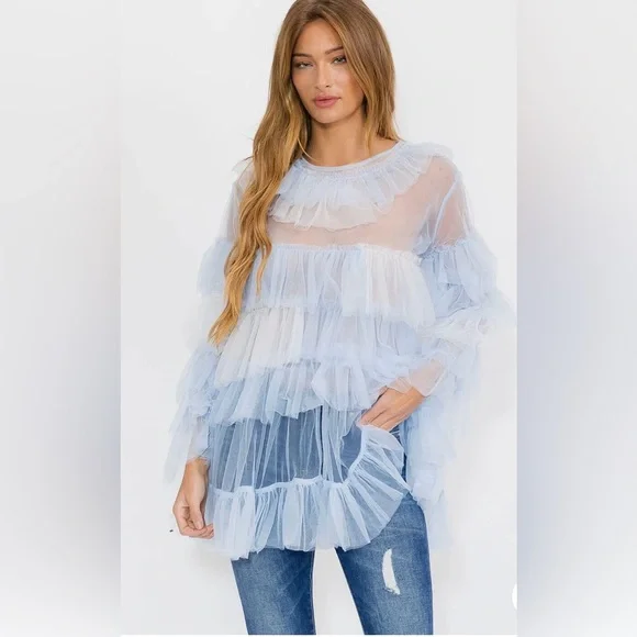 Women's Sheer Ruffle Blouse - Light Blue - Picture 1 of 4